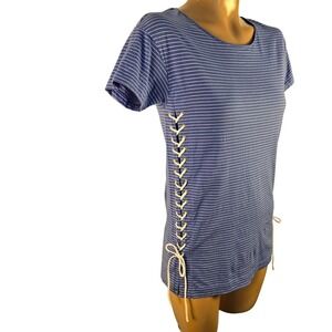 J Crew Striped Lace Up Bow Tie Sides Short Sleeve Round Neck Tee Top Blue XXS